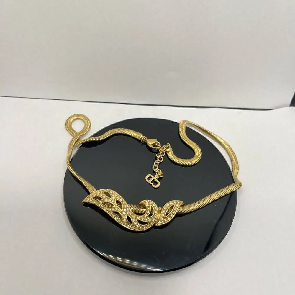 Real Christian Dior gold tone necklace rhinestone pendant